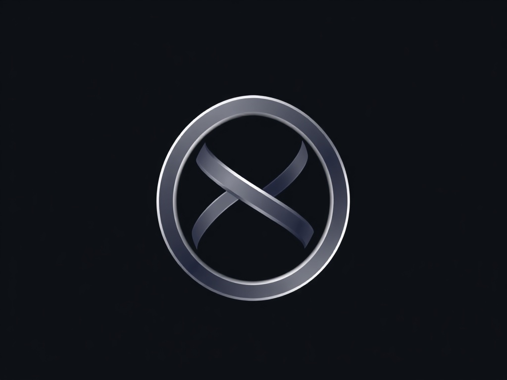 A clean, geometric logo symbol: an abstract infinity loop or interlocking rings with a glossy metallic finish, on a dark gradient background. 8k, product rendering style.